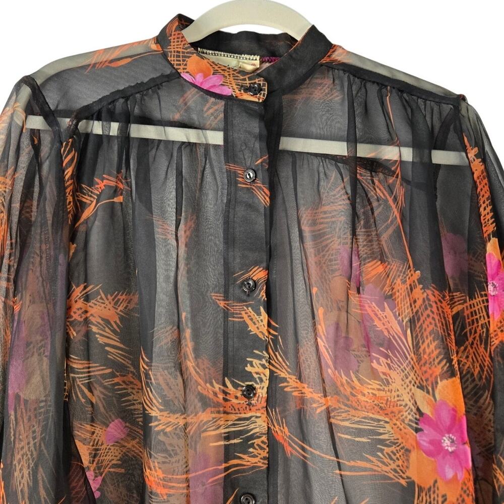 1980s LA Chic California Sheer Chiffon Retro Floral Blouse Lightweight Button Up - Picture 3 of 8